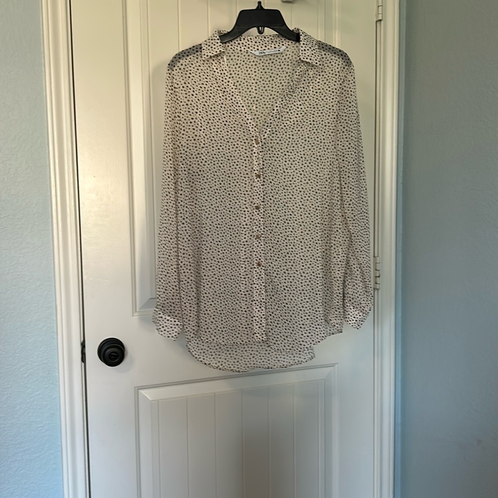 Zara blouse, sheer tan, black spots and gold vertical lines, gold buttons, szS